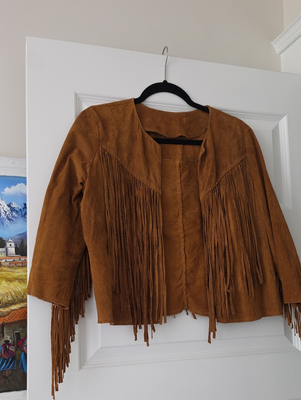 Fringed Suede Open Jacket - Camel Brown